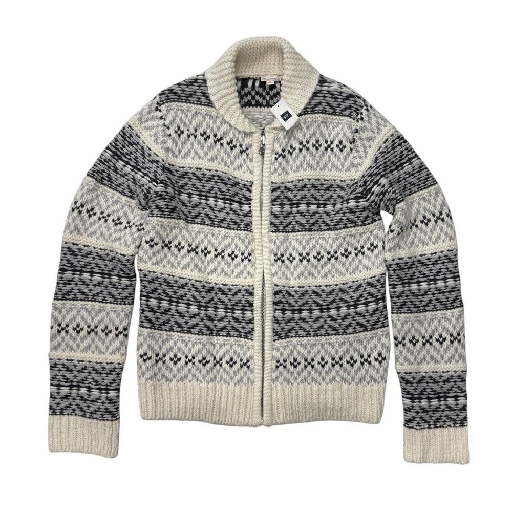 Gap Womens Fair Isle Zip Up Cardigan Wool Alpaca Blend Shawl Collar Cream M Tall